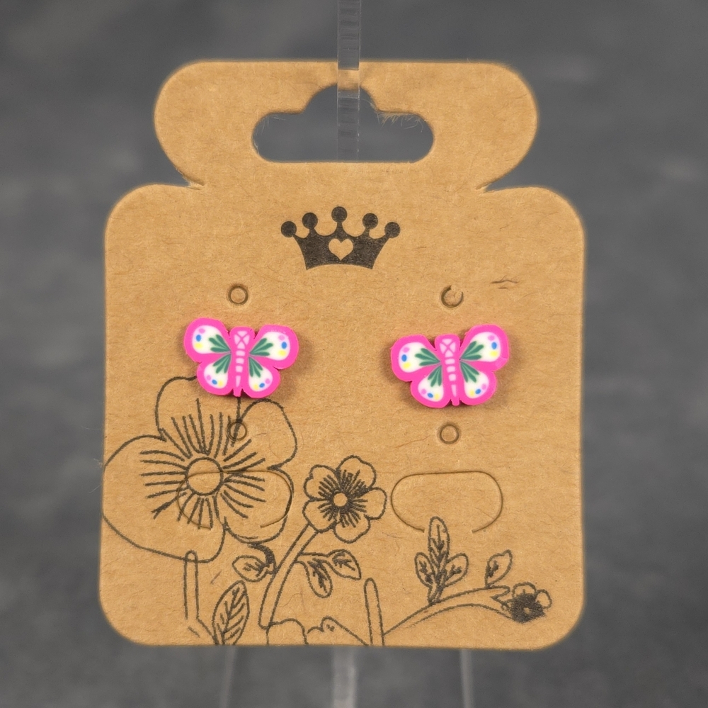 Pink Fimo Butterfly Stud Earring Stainless Steel Post Butterfly & Silicone Backs